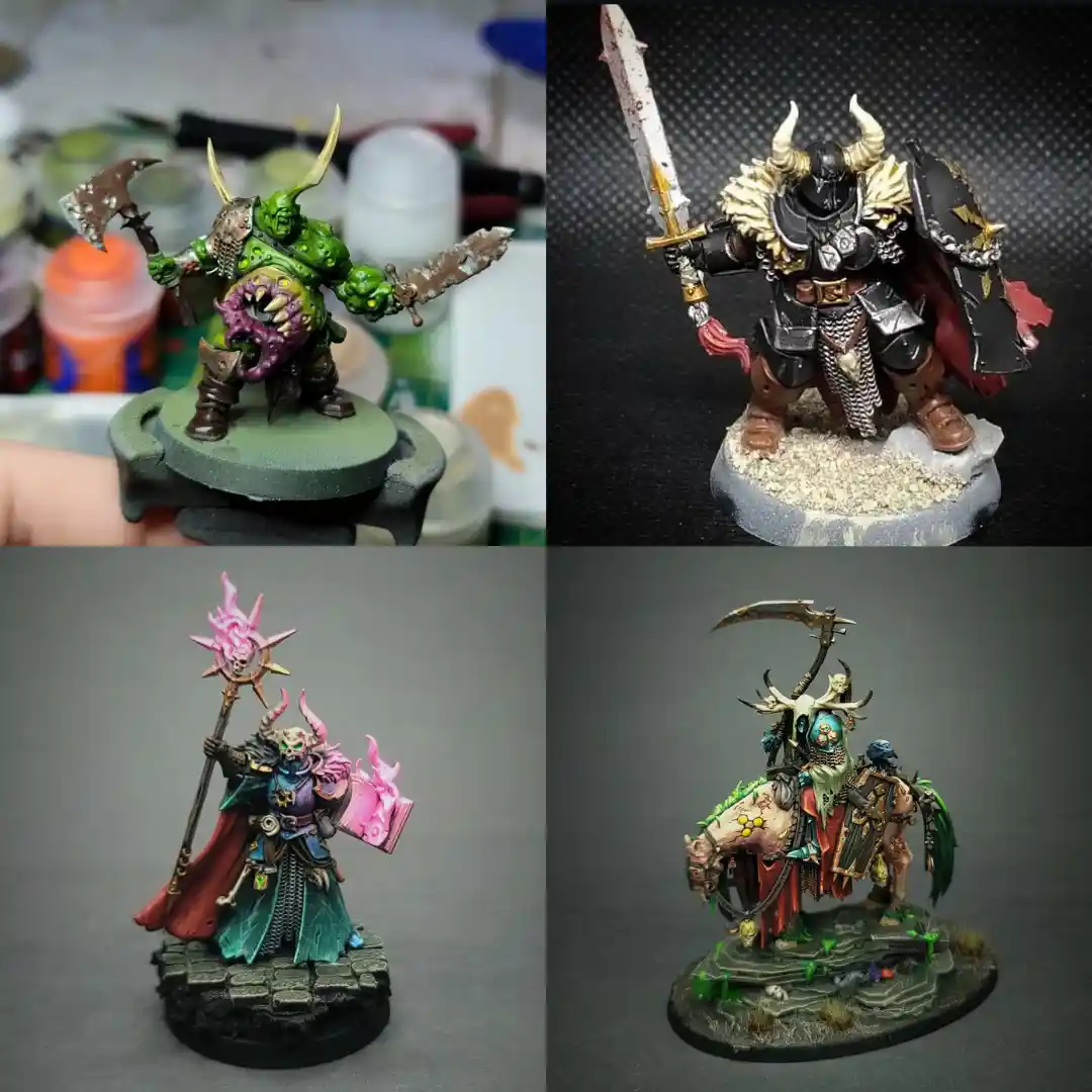 A four-panel image displays four intricately painted fantasy miniatures: a green orc with axes, a heavily armored warrior…