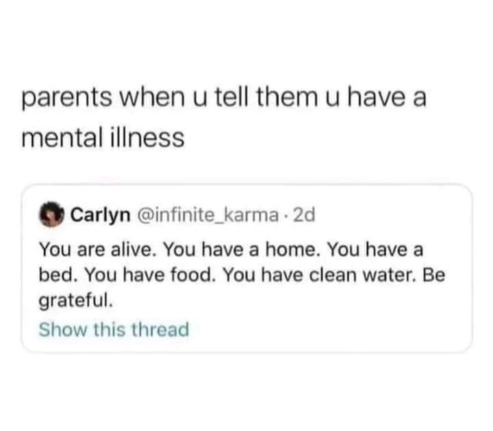 The image displays a screenshot of a tweet by Carlyn @infinite_karma, which reads: 'You are alive. You have a home. You have…