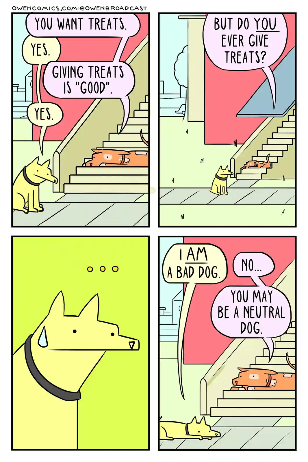 A four-panel comic strip featuring two cartoon dogs. In the first panel, a yellow dog asks an orange dog if it wants treats…