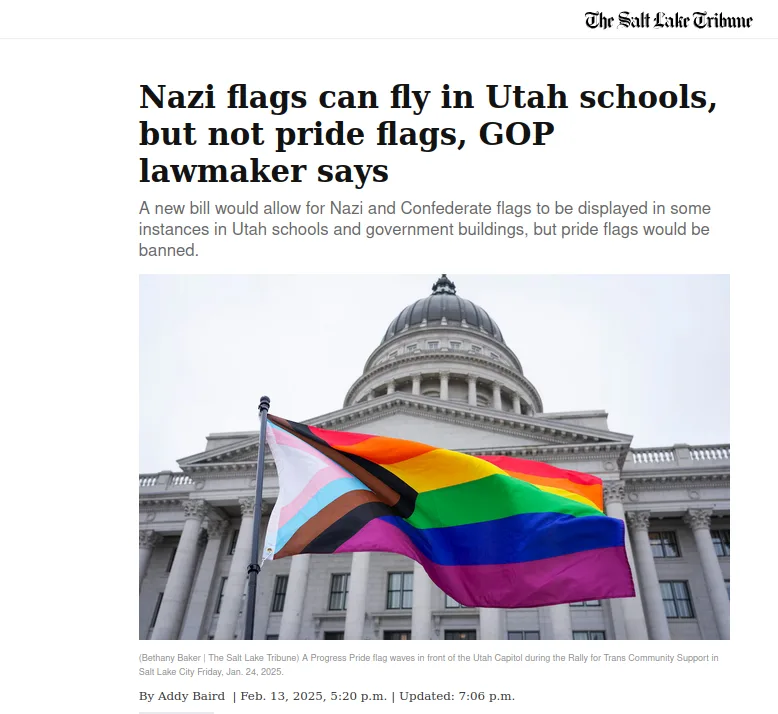 A news article screenshot from The Salt Lake Tribune shows a rainbow and pink, blue, and white striped pride flag waving in…