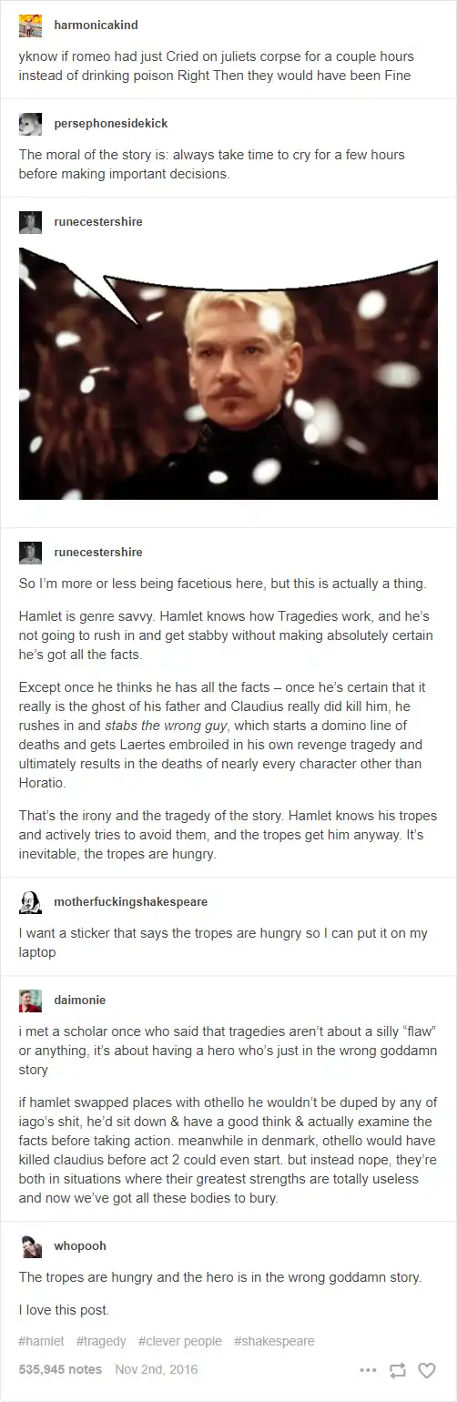 A still image of actor Kenneth Branagh as Hamlet from the 1996 film, looking serious with snow falling around him. The image…