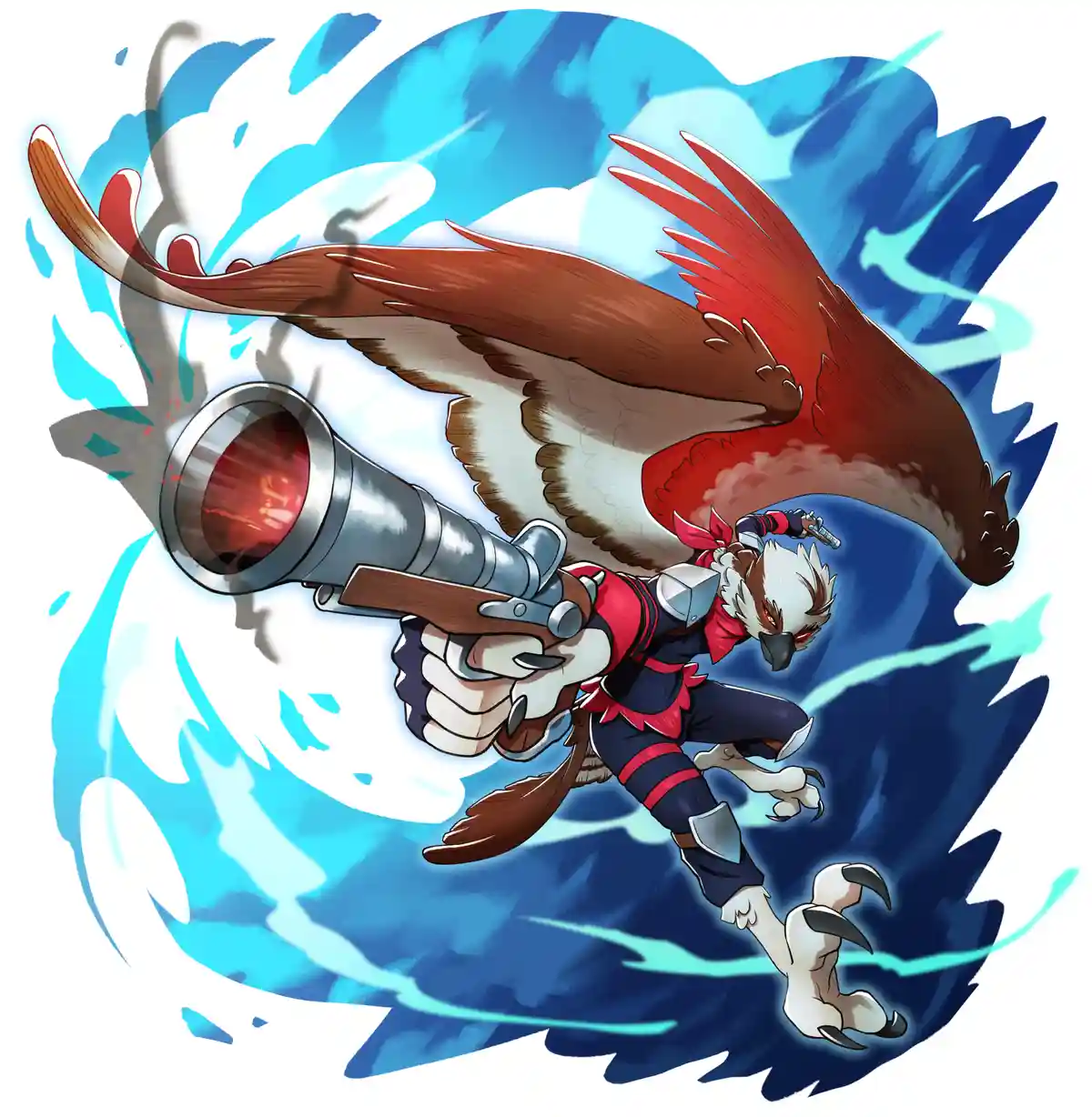 An anthropomorphic bird character with red and brown feathers, wearing red and black armor, is depicted mid-flight while…