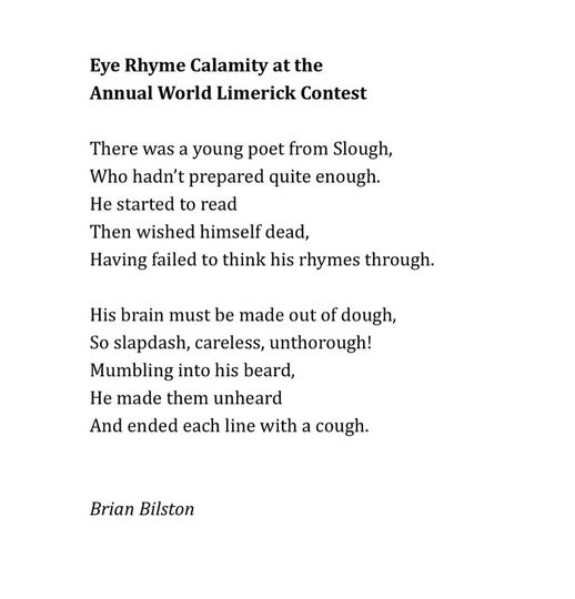 A black-and-white image displays a limerick titled 'Eye Rhyme Calamity at the Annual World Limerick Contest' by Brian…