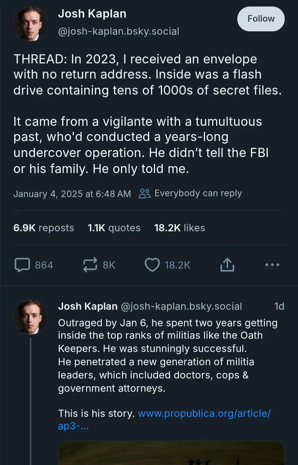 A screenshot of a Bluesky social media post by Josh Kaplan detailing how he received a flash drive with secret files from a…