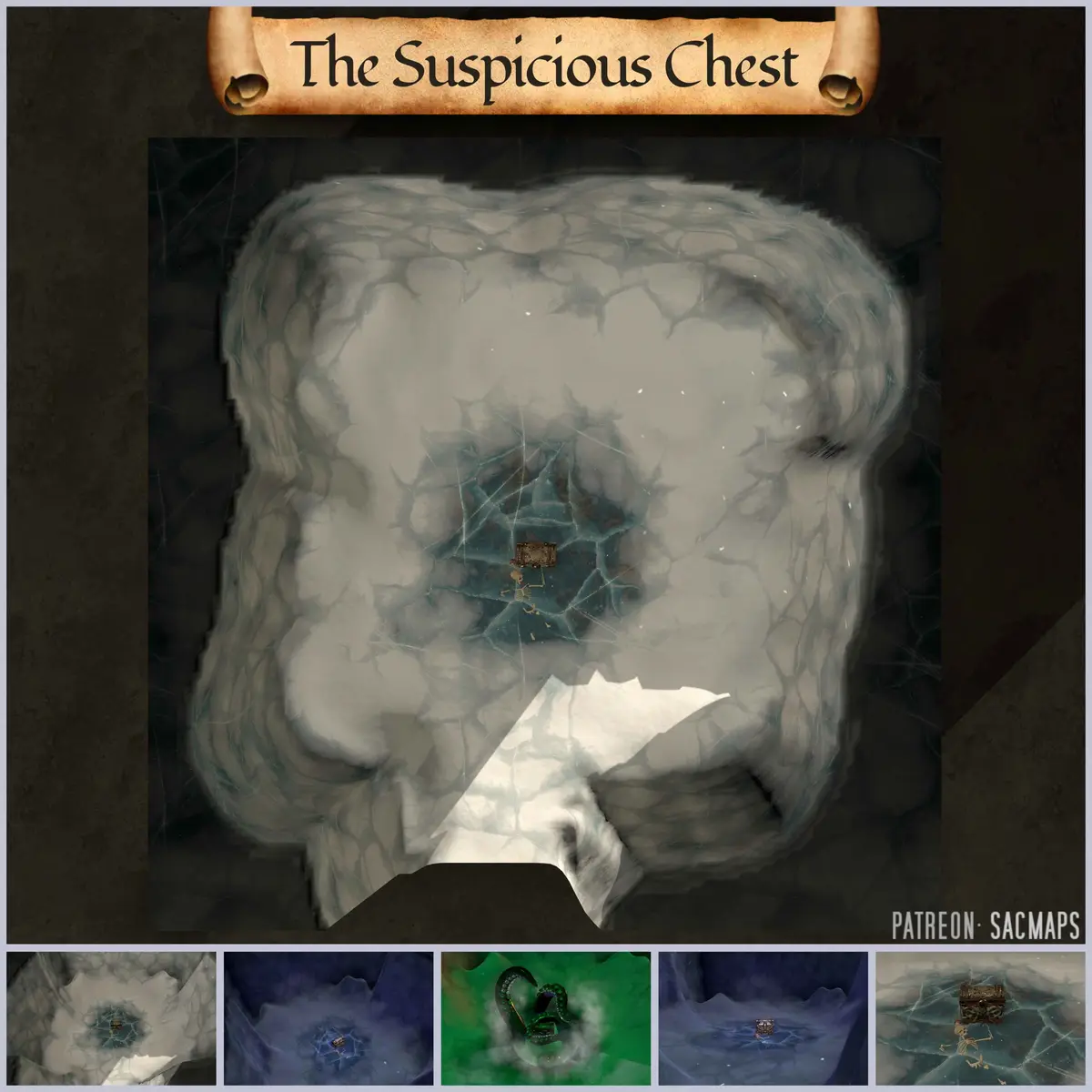 An overhead view of a dungeon map shows a skeleton lying dead next to a treasure chest in the center of a large, cracked…