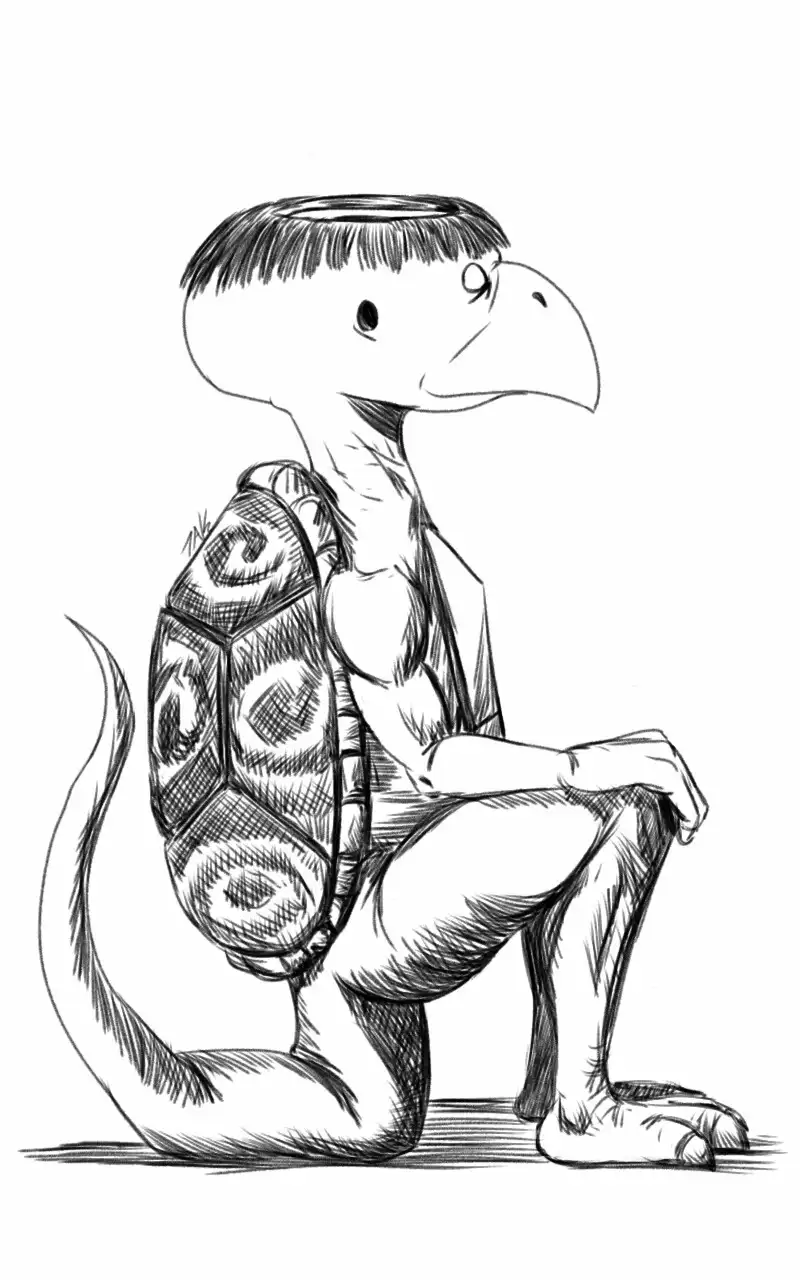 A black-and-white sketch of a stylized, anthropomorphic turtle with a bird-like beak and human-like posture, sitting on its…