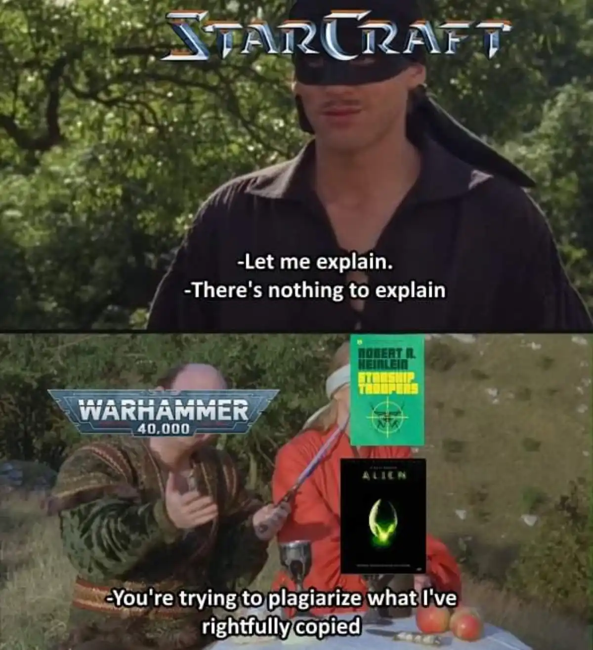 The top panel shows a masked man from StarCraft with the text 'Let me explain. There's nothing to explain.' The bottom panel…