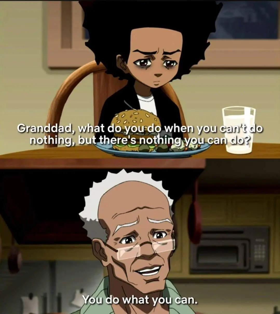 The top panel shows a young animated boy sitting at a kitchen table with a plate of food and a glass of milk, looking sad…