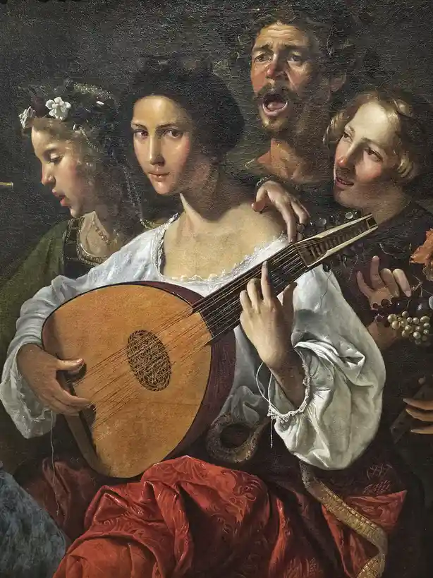 A classical painting depicts four people in Renaissance attire, with a woman in the center playing a lute while three others…