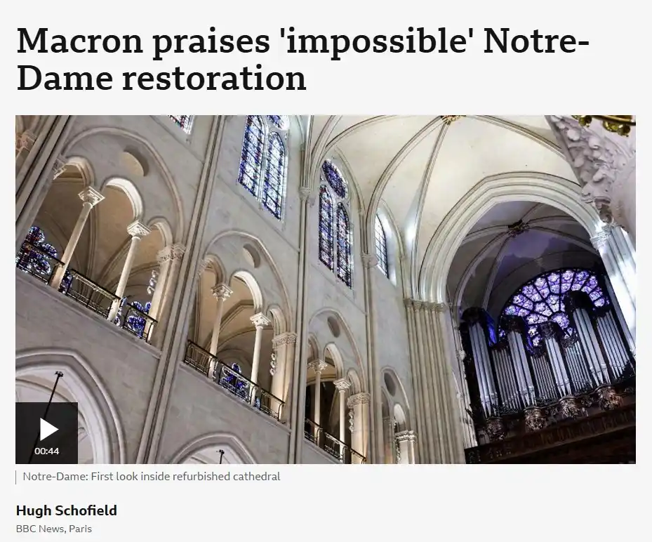 A screenshot of a BBC News article header showing a photo of the interior of Notre-Dame Cathedral, featuring its vaulted…