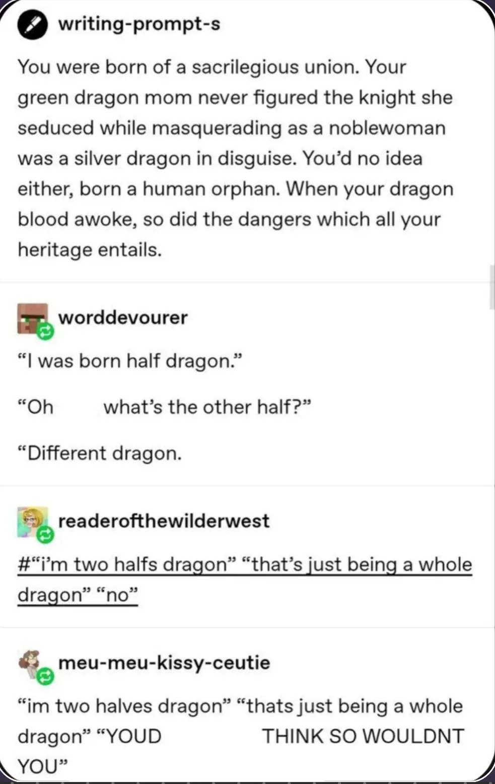A screenshot of a Reddit thread in the 'writing-prompt-s' subreddit shows users jokingly responding to a prompt about being…