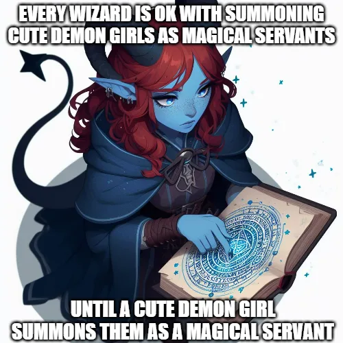 A blue-skinned, red-haired demon girl with horns and a tail, wearing a dark blue robe, is shown pointing at a glowing…