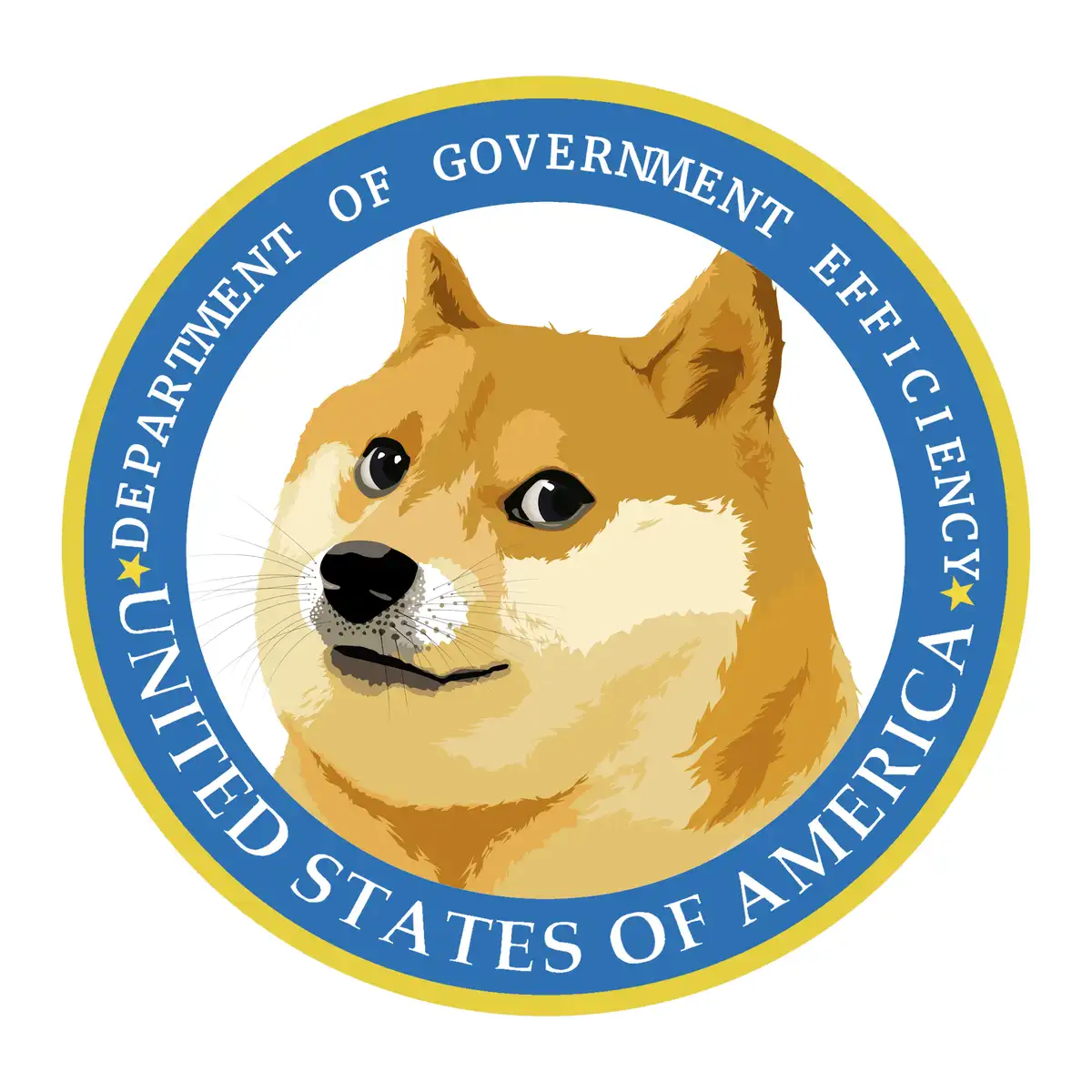 The image displays a circular seal resembling a government department logo, featuring a Shiba Inu dog's face in the center…