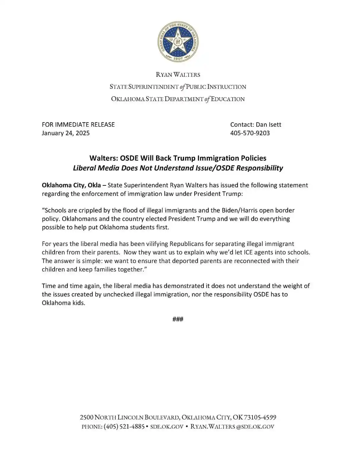 The image displays a formal press release from the Oklahoma State Department of Education, dated January 24, 2025, signed by…