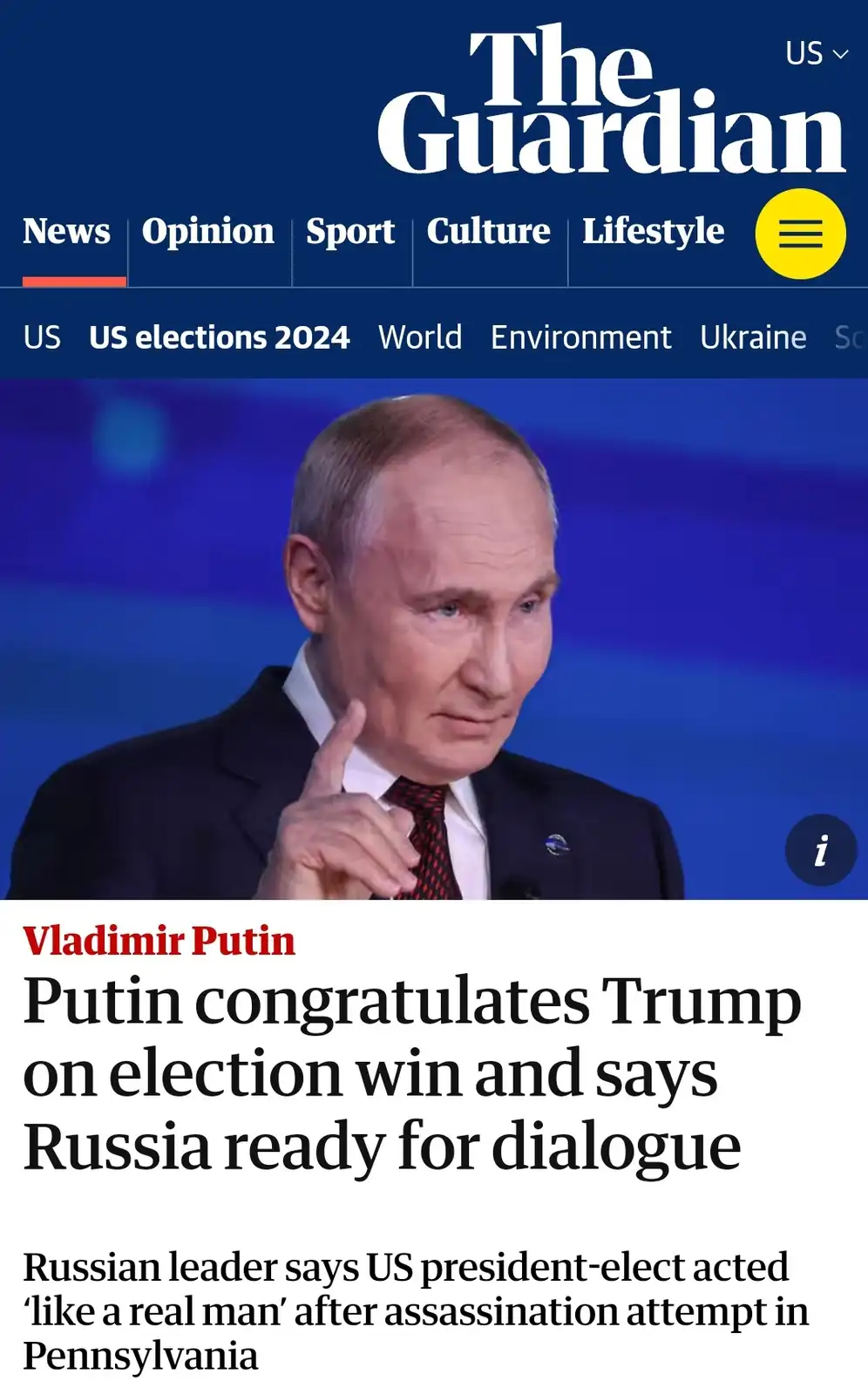 The image shows a screenshot of The Guardian's news website featuring a headline about Vladimir Putin congratulating Trump…