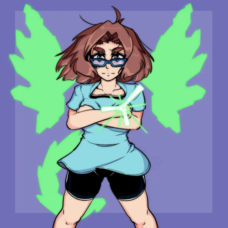 An anime-style girl with brown hair and blue glasses stands with arms crossed, glowing green energy emanating from her…