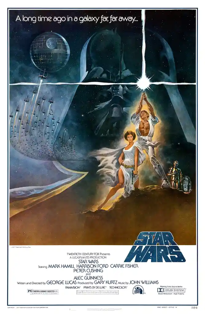 This is the iconic 1977 Star Wars movie poster featuring Darth Vader looming over Luke Skywalker, who is holding a glowing…