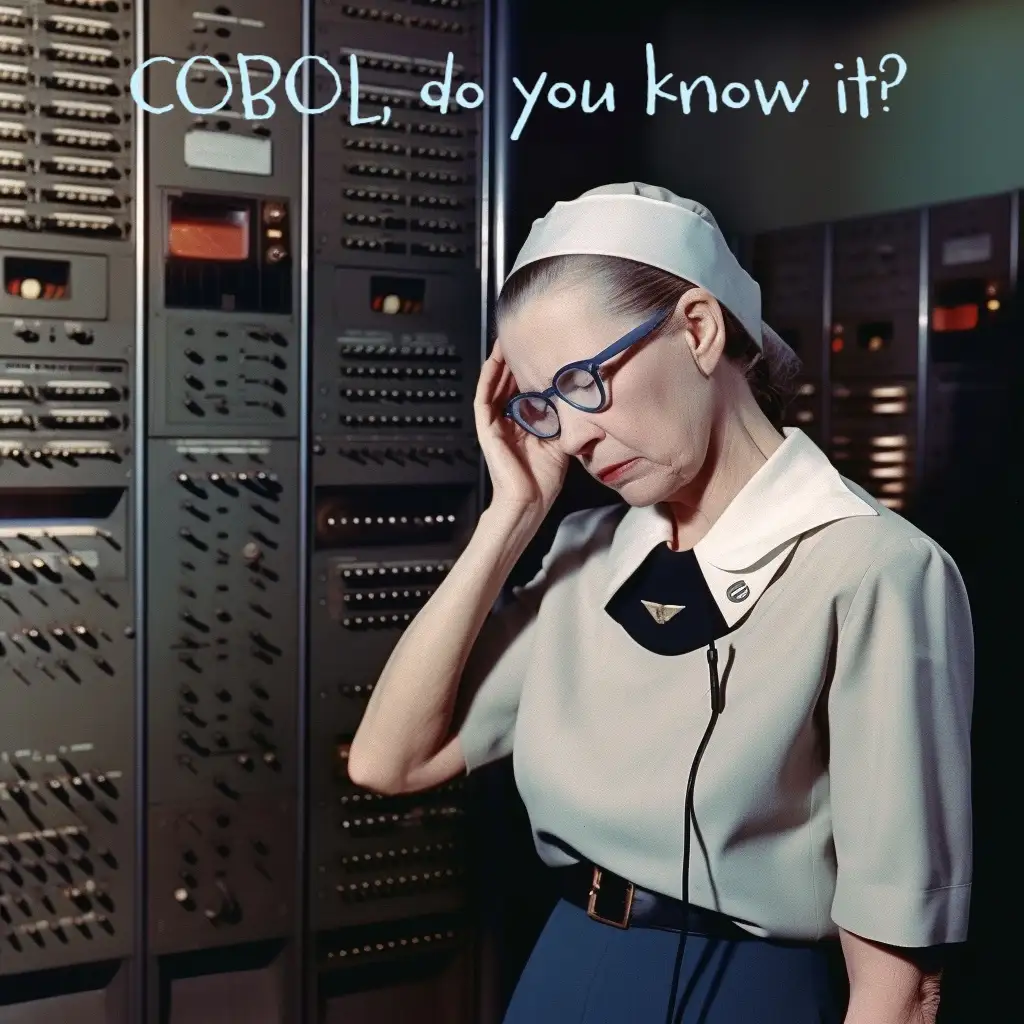 A woman in a vintage nurse-like uniform with glasses stands in front of large, retro computer mainframes, looking frustrated…