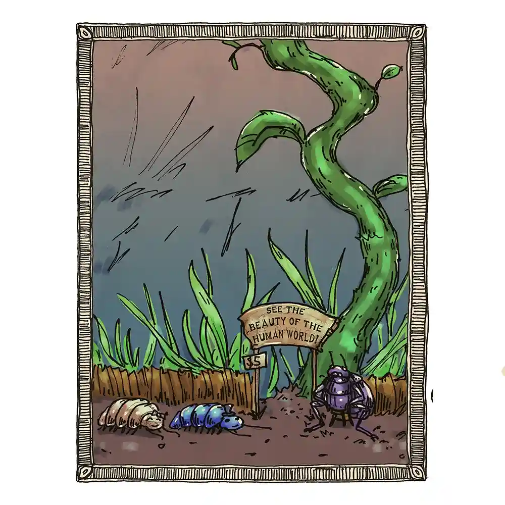 A cartoonish illustration depicts a purple insect standing beside a wooden sign that reads 'SEE THE BEAUTY OF THE HUMAN…