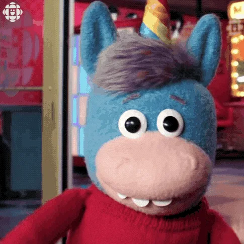 A blue, furry puppet with a party hat and red sweater is shown in a grid of six panels. In the first panel, it looks…
