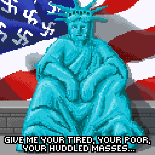 A pixelated image of the Statue of Liberty with an American flag in the background. The statue is depicted in a cyan color…