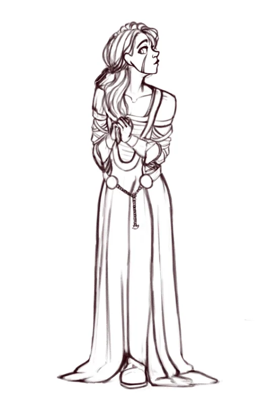 A black-and-white line drawing of a woman in a long, flowing dress with her hands clasped together, looking upward with a…