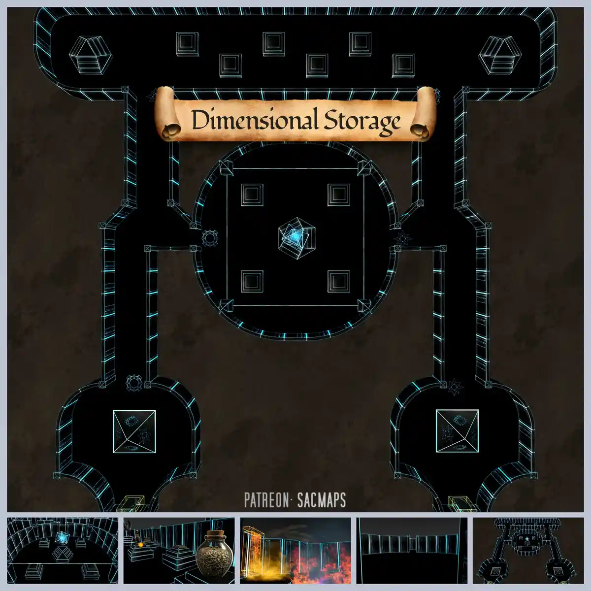 An image of a fantasy dungeon map titled 'Dimensional Storage' with glowing blue geometric lines and symbols on a dark…