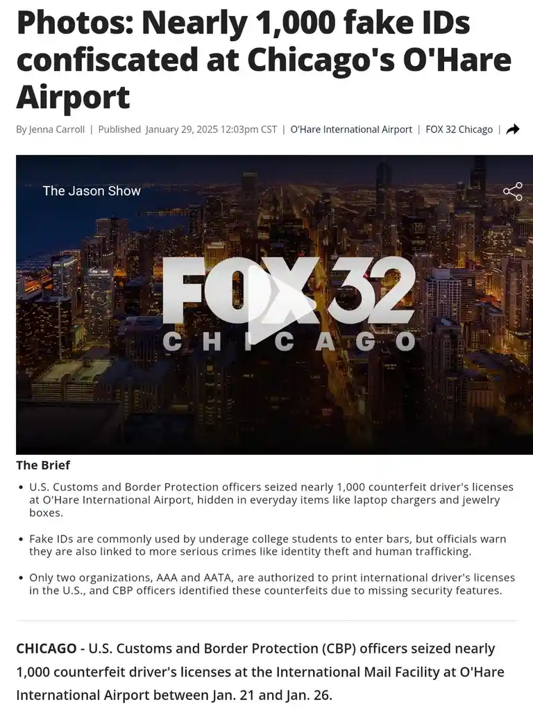 A screenshot of a FOX 32 Chicago news article about nearly 1,000 fake IDs seized at O'Hare Airport, overlaid with the text…