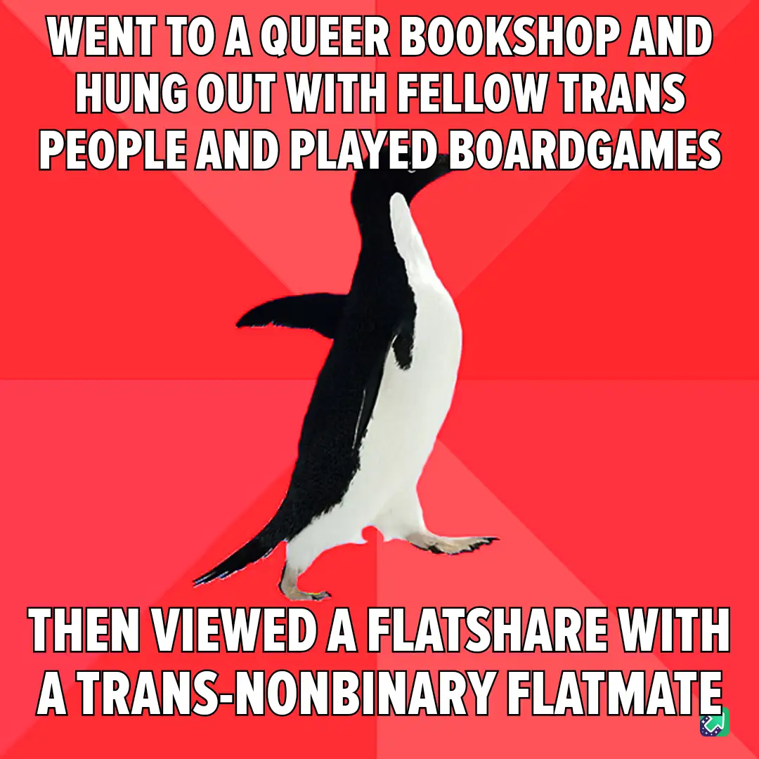 A black-and-white penguin stands against a red background with bold white text. The top text reads 'WENT TO A QUEER BOOKSHOP…