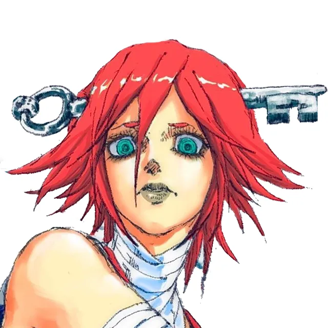 An anime-style character with red hair and blue eyes, wrapped in bandages, has a large key visibly stuck through her head…