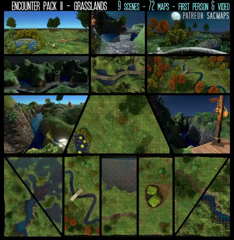 A promotional collage for 'Encounter Pack II - Grasslands' by SACMAPS, showcasing nine different game map scenes. The images…