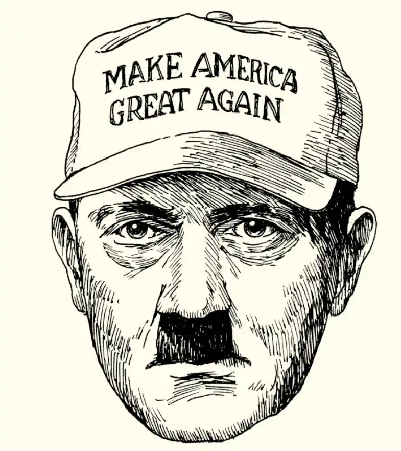 A black-and-white sketch shows a man with a distinctive mustache wearing a baseball cap that reads 'MAKE AMERICA GREAT…