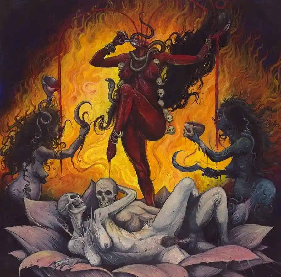 A dark, fiery painting depicts a central red-skinned demonic figure with snakes and skulls, flanked by two dark figures…