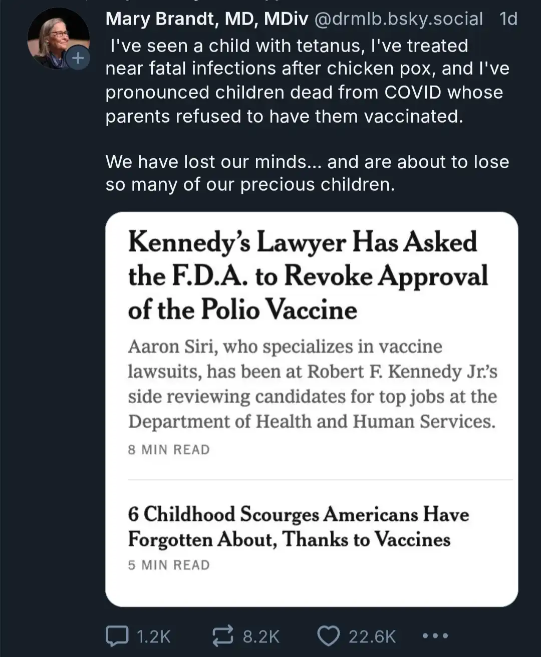 A screenshot of a social media post by Mary Brandt, MD, MDiv, who shares her experience treating severe childhood illnesses…