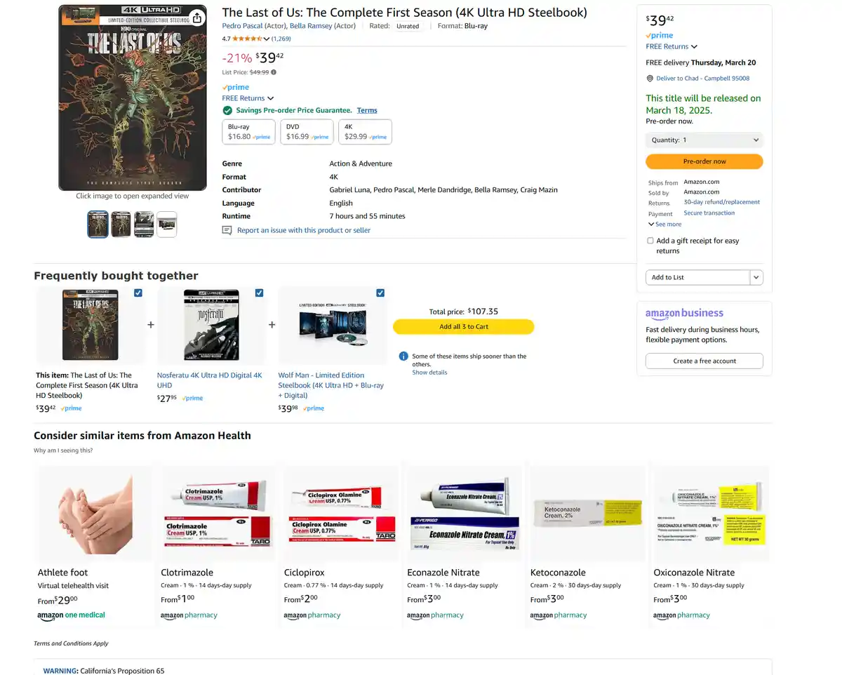 An Amazon product page for 'The Last of Us: The Complete First Season' 4K Ultra HD Steelbook, showing its price, format…