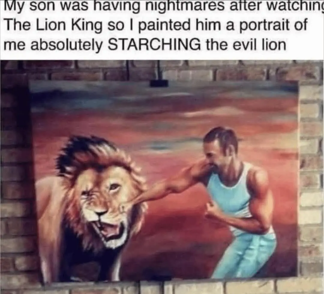 A painting depicts a muscular man in a light blue tank top and pants punching a roaring lion in the face. The painting is…