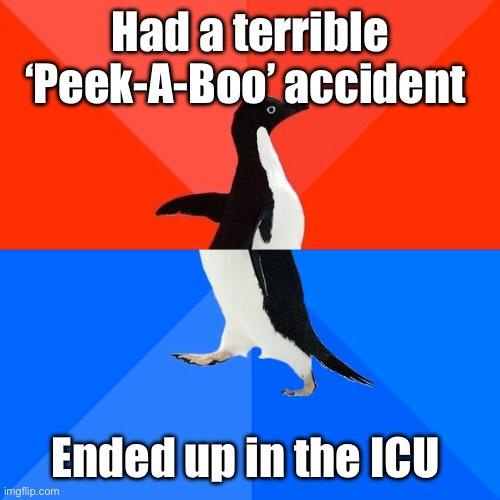 A penguin stands upright against a red and blue background, with white text overlaid. The top text reads 'Had a terrible…