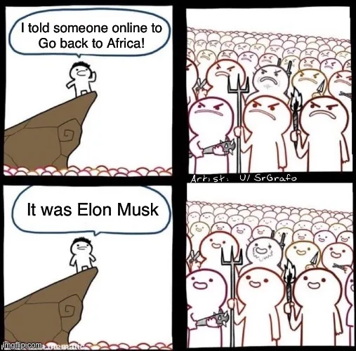 A four-panel comic strip shows a stick figure on a cliff telling someone online to 'Go back to Africa,' then revealing it…