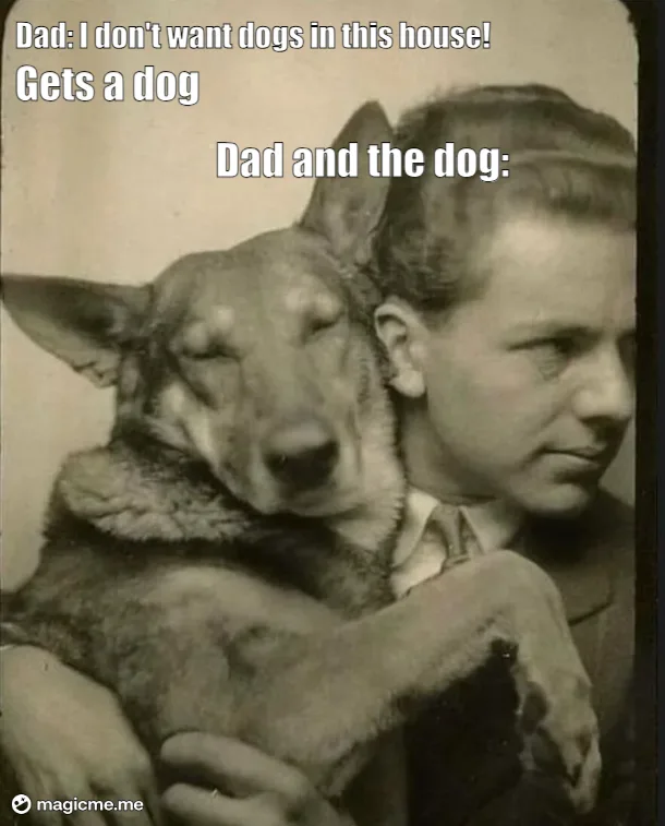 A vintage black-and-white photo shows a man holding a large dog that is resting its head on his shoulder with its eyes…