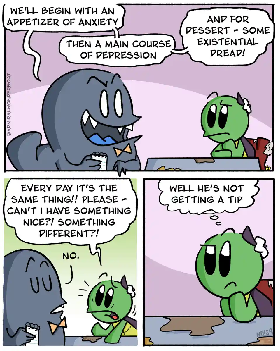 A four-panel comic shows a gray, shark-like demon waiter serving a green, round demon customer. The waiter lists menu items…