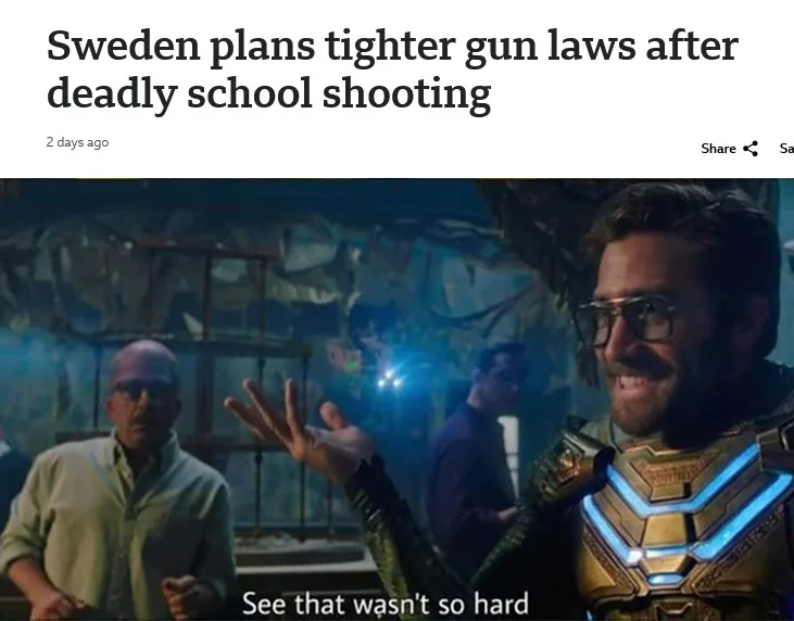 A screenshot of a news article headline reading 'Sweden plans tighter gun laws after deadly school shooting' is overlaid…