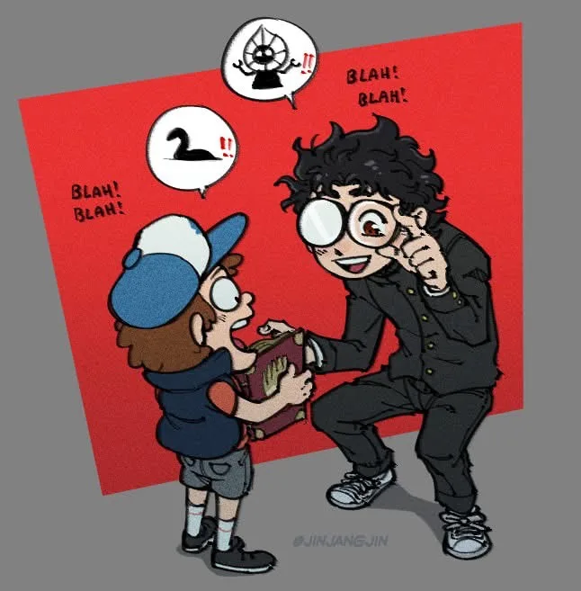 Two cartoon characters, one child in a cap and one adult with large glasses, are shown interacting with a book. Speech…
