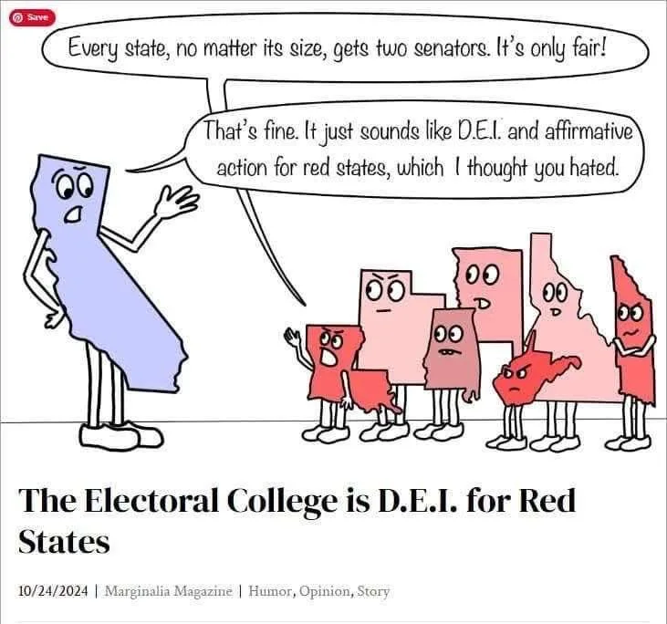 A cartoon depicts a blue state character explaining that every state gets two senators, which it claims is fair. A group of…