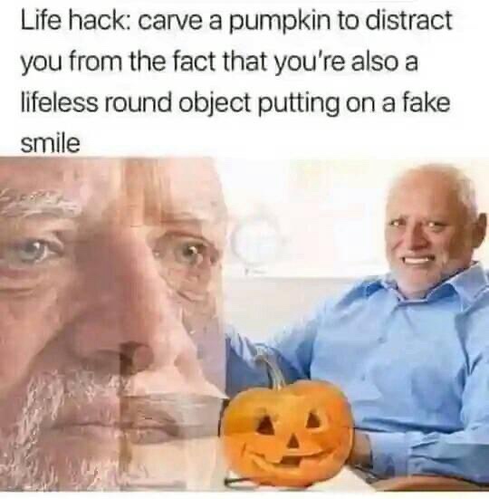 The image shows a man in a blue shirt smiling while holding a carved jack-o'-lantern. Superimposed over his face is a large…