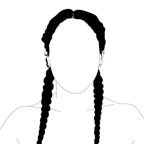 A black-and-white line drawing shows six identical figures with braided hair and blank faces. In the center panel, one…