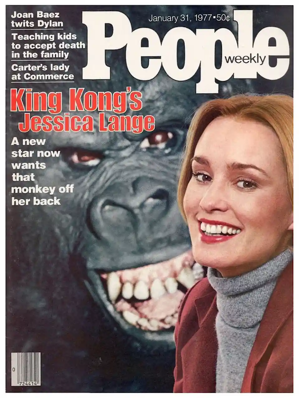 The image is a digitally altered People magazine cover from January 31, 1977, featuring actress Jessica Lange smiling in the…
