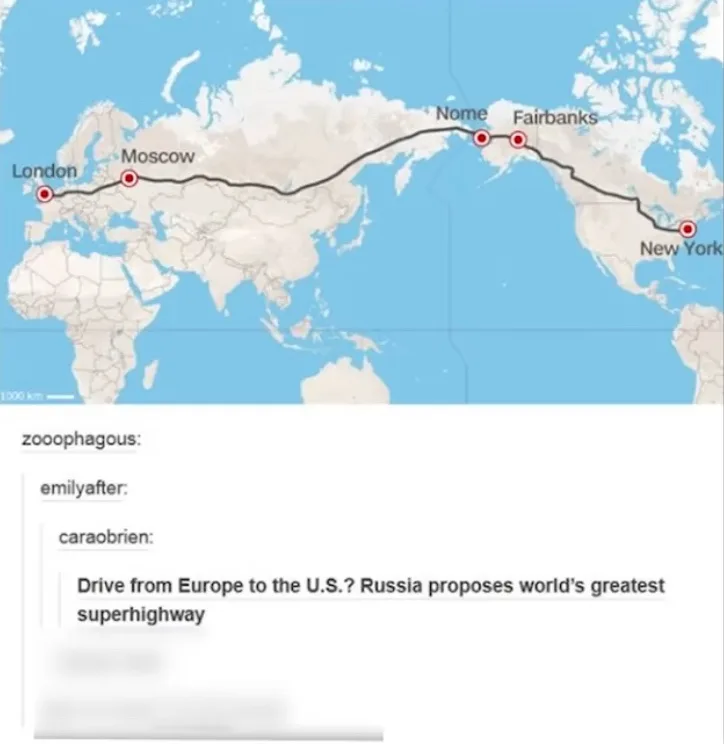 A world map shows a black line connecting London to New York via Moscow, Nome, and Fairbanks, with red dots marking each…