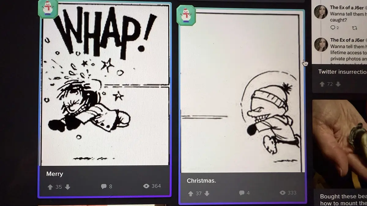 Two comic panels are shown side-by-side on a screen. The left panel depicts a cartoon character being hit with a slap…