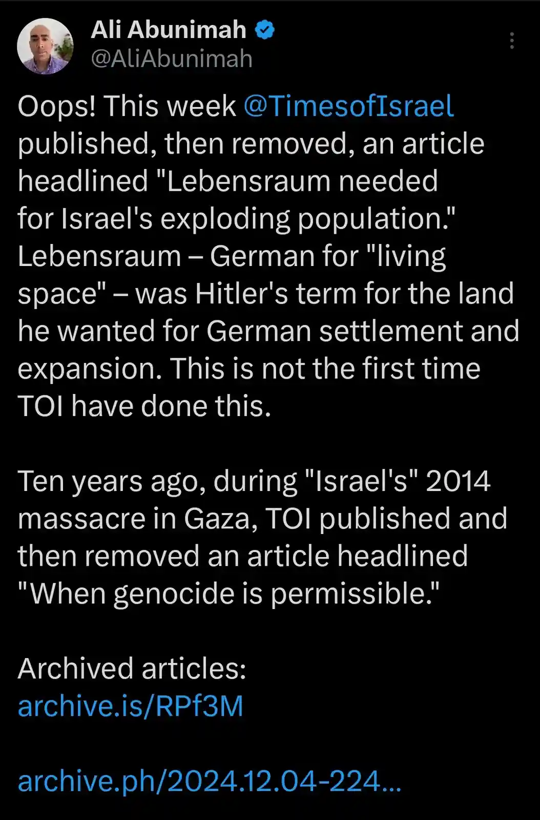 A screenshot of a tweet by Ali Abunimah criticizing The Times of Israel for publishing and then removing two controversial…