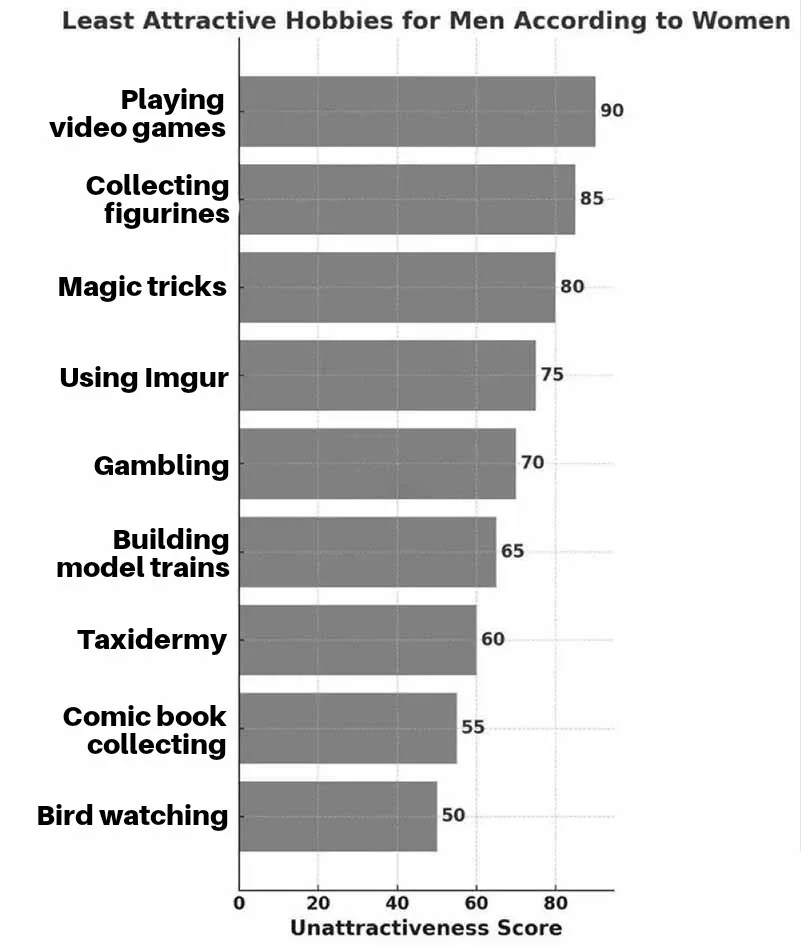 A horizontal bar chart titled 'Least Attractive Hobbies for Men According to Women' ranks hobbies by 'Unattractiveness…